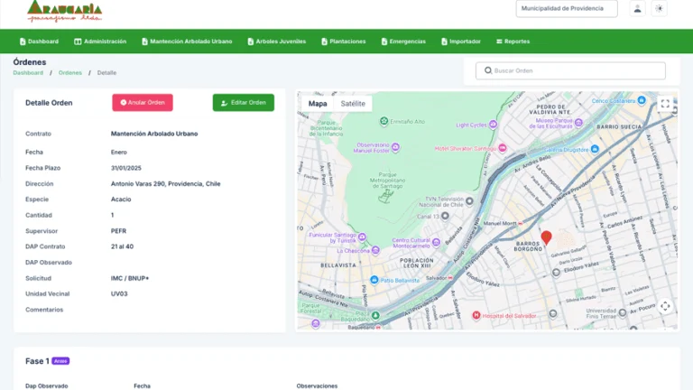 Detalle de orden de trabajo con mapa de ubicación en el sistema de gestión desarrollado por Digital Upgrade