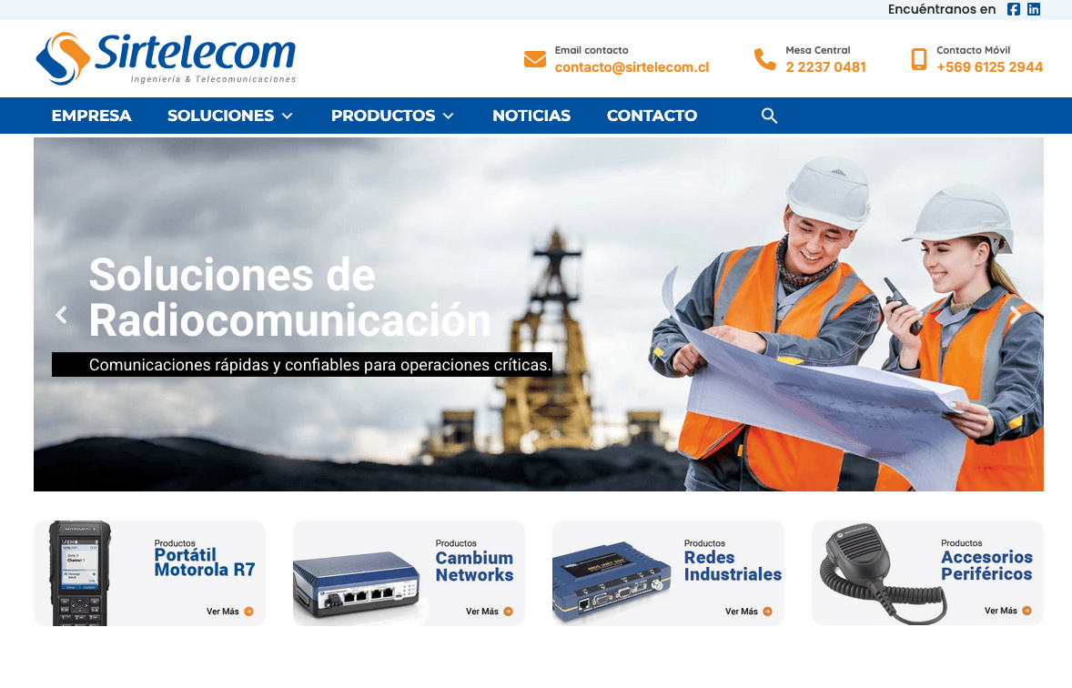 Sitio web corporativo de Sirtelecom mostrando soluciones de radiocomunicación industrial